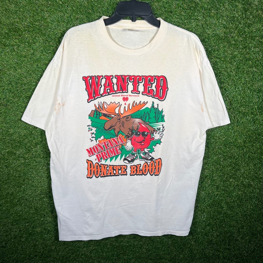 Vintage Oneita PowerPro Montana Prime Donate Blood T-Shirt XL Off-White 90s